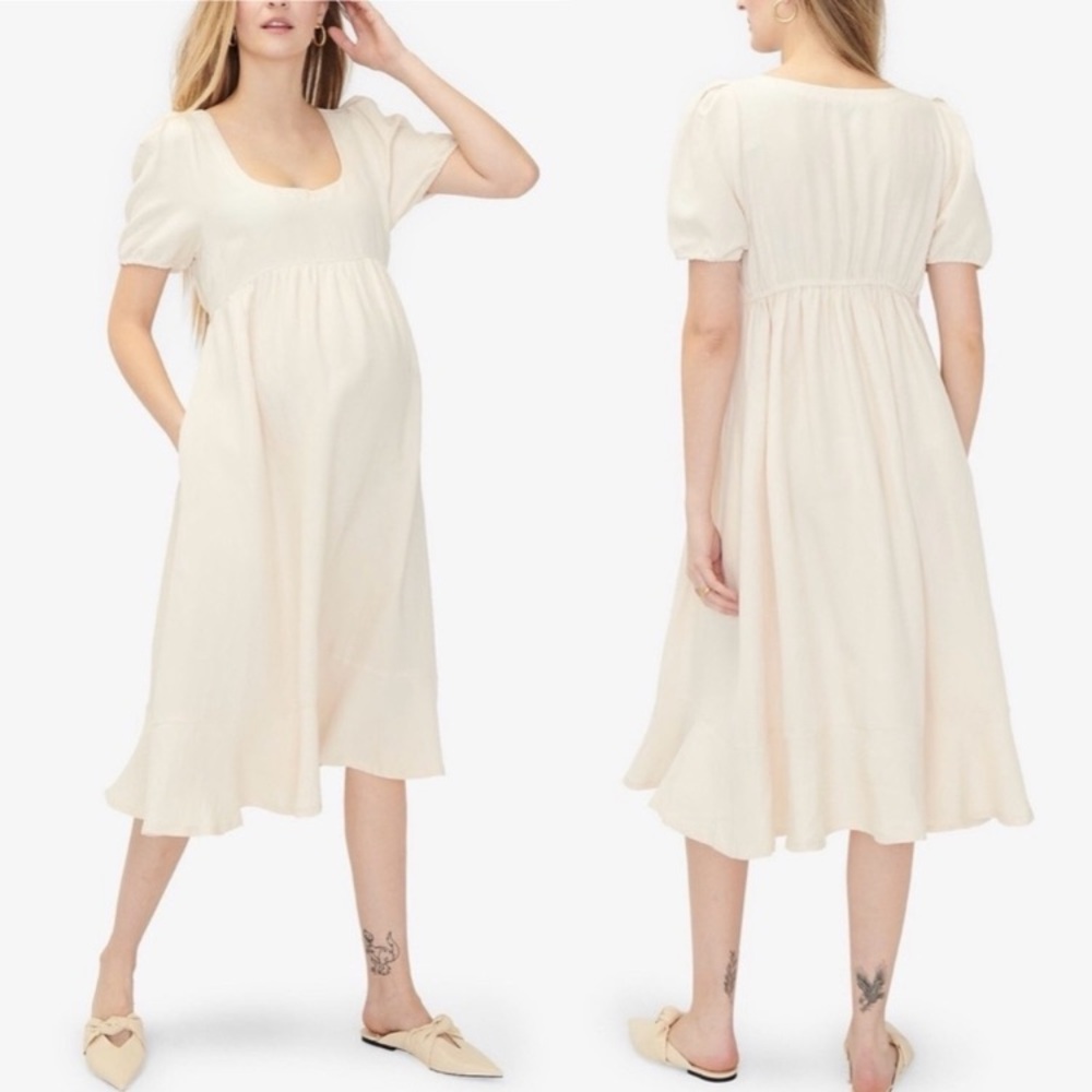 Hatch Tisha Cream Midi Sundress with Puff Sleeves